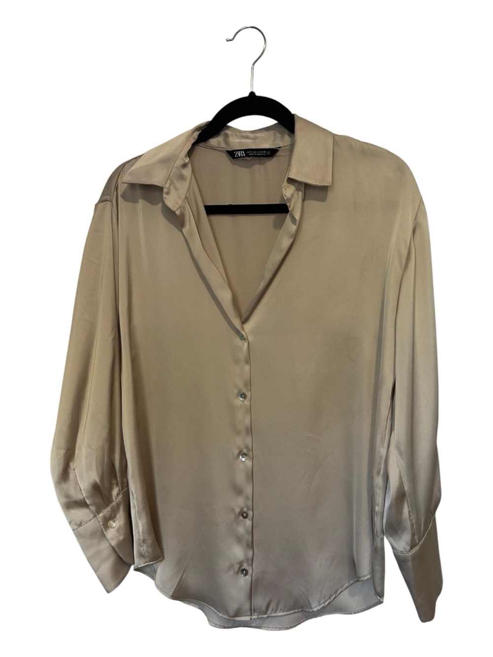 Zara Satin Taupe Button-Up Blouse